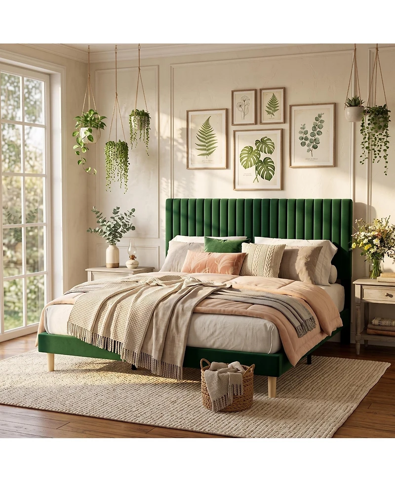 Gaomon Velvet Upholstered Platform Bed Frame with Adjustable Headboard, Vertical Channel Tufted, Strong Wooden Slats