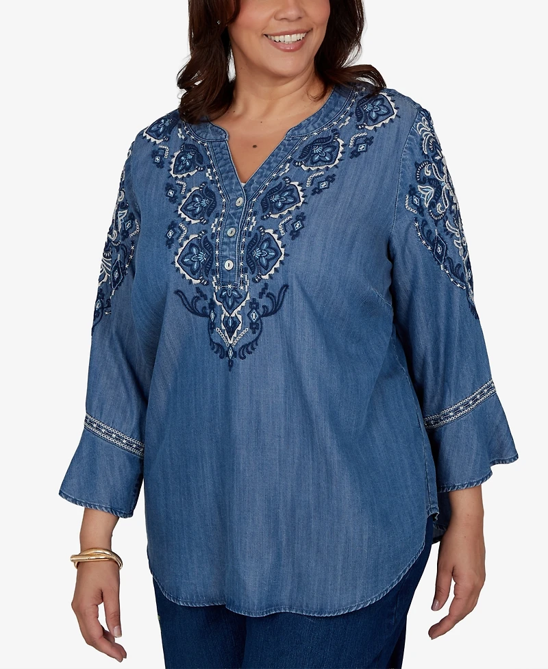 Alfred Dunner Plus Embroidered Henley Denim Blouse