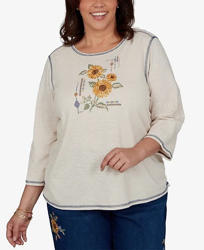 Alfred Dunner Plus 3/4-Sleeve Sunflower-Graphic Cotton-Polyester Blend T-Shirt