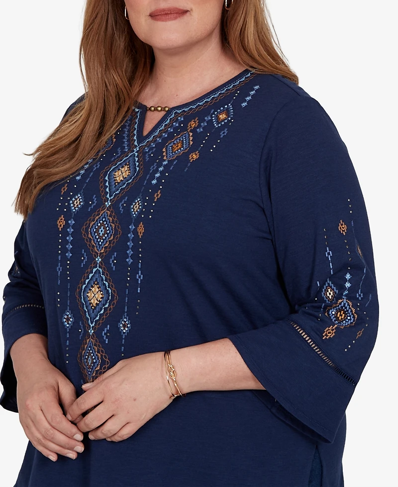 Alfred Dunner Plus Keyhole Neck 3/4-Length Bell-Sleeve Top