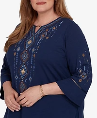 Alfred Dunner Plus Keyhole Neck 3/4-Length Bell-Sleeve Top