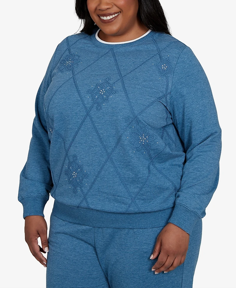 Alfred Dunner Plus Crewneck Long-Sleeve Argyle With Rhinestone Embellishments Top