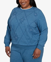 Alfred Dunner Plus Crewneck Long-Sleeve Argyle With Rhinestone Embellishments Top