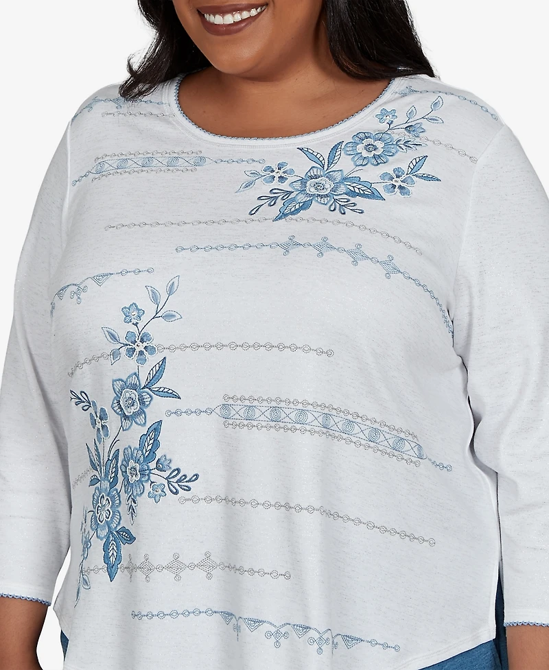 Alfred Dunner Plus Floral-Print 3/4-Sleeve Cotton-Blend T-Shirt