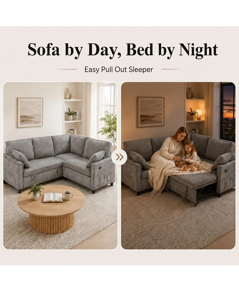 gaomon L-Shaped Sleeper Sofa, Chenille Sectional Couch with Storage, Khaki, Pull-Out Bed, Reversible Chaise and 286 Lb per Seat Support