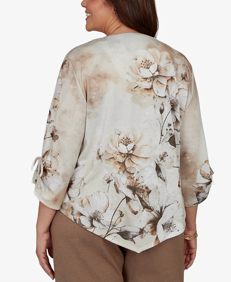 Alfred Dunner Plus Floral-Print V-Neck 3/4-Sleeve Blouse