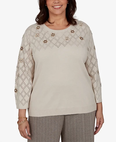 Alfred Dunner Plus 3/4-Sleeve Crewneck Pullover Sweater