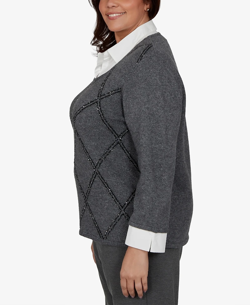 Alfred Dunner Plus Sequin 3/4-Length Sleeve Sweater