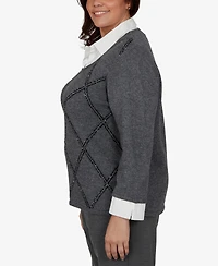 Alfred Dunner Plus Sequin 3/4-Length Sleeve Sweater