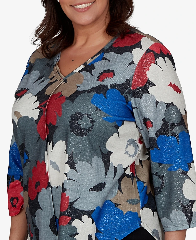 Alfred Dunner Plus Floral V-Neck 3/4-Sleeve Blouse