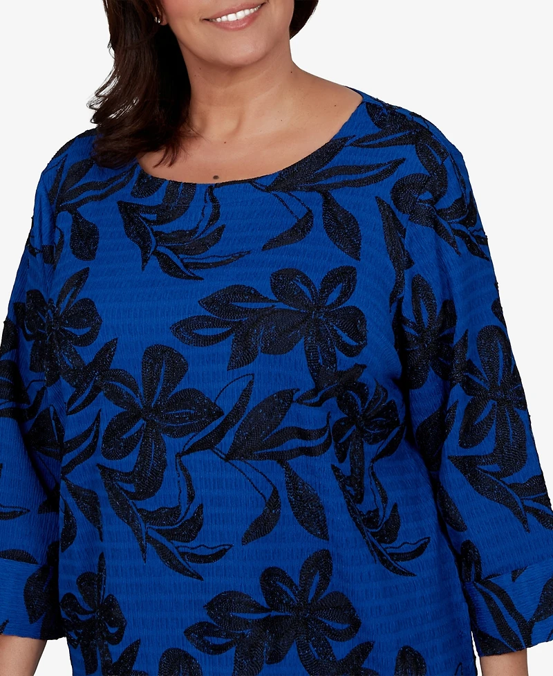 Alfred Dunner Plus Calm Luxe Floral Textured-Knit Boat Neck Blouse