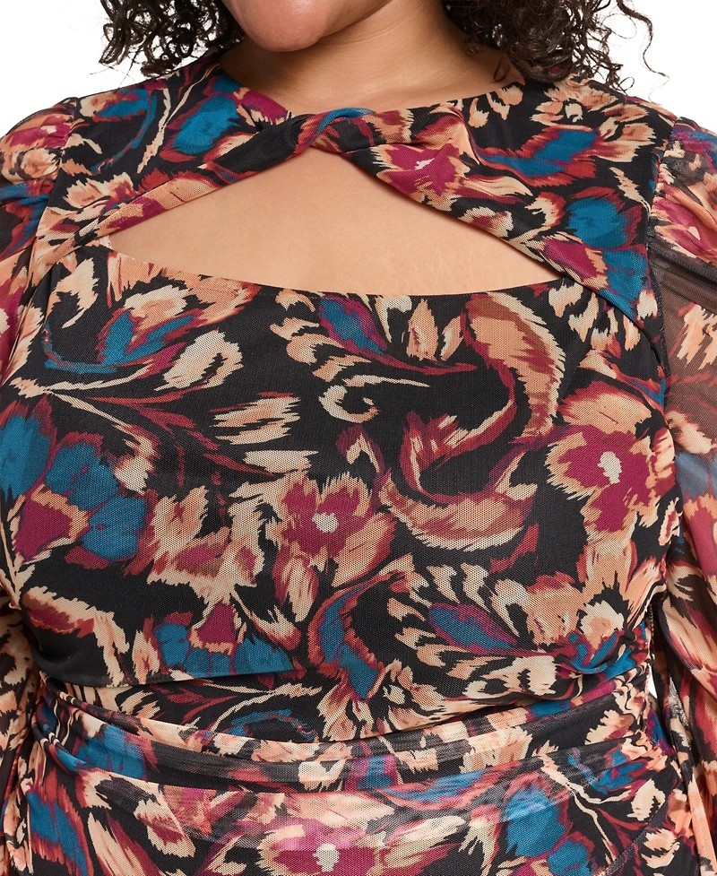 Vince Camuto Plus Ptd Mesh Twist Neck Body Floral-Print Turtleneck Dress