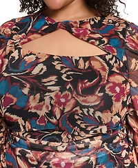 Vince Camuto Plus Ptd Mesh Twist Neck Body Floral-Print Turtleneck Dress