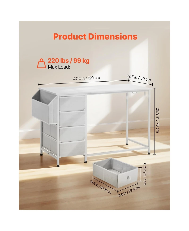 Sugift 47 Inch Reversible Study Desk with Four Fabric Drawers and Metal Frame