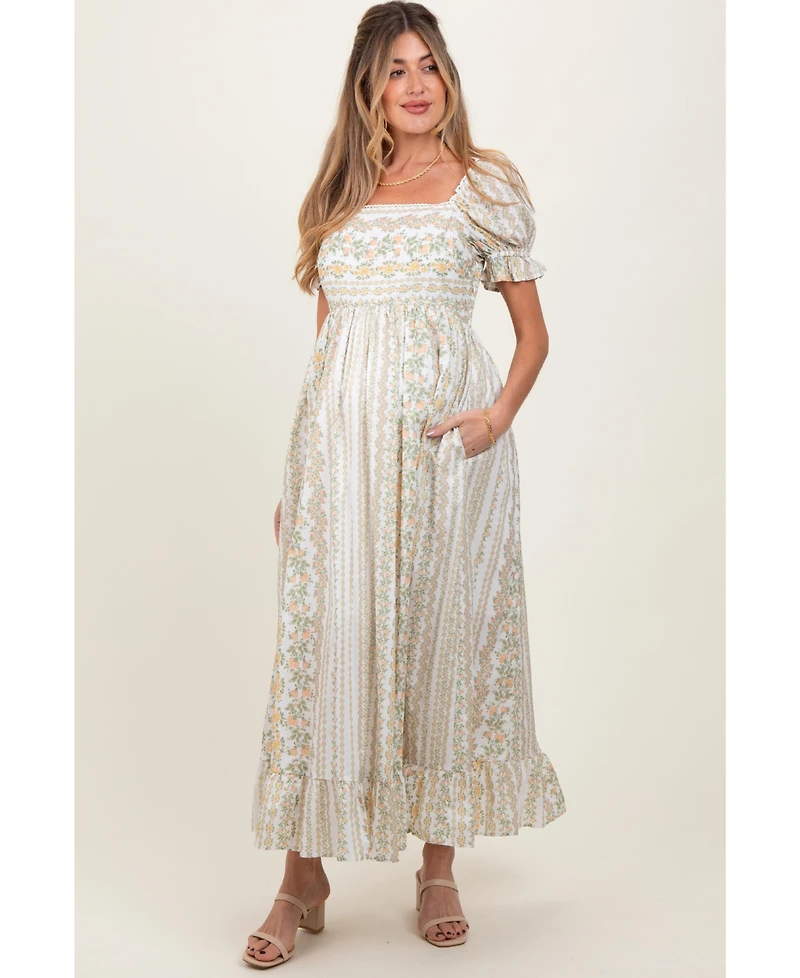 Pinkblush Women's Peach Floral Puff Sleeve Lace Trim Maxi Dress