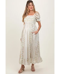 Pinkblush Women's Peach Floral Puff Sleeve Lace Trim Maxi Dress