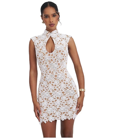 Miss Circle Women's Quinley White Cotton Lace Teardrop Neckline Mini Dress