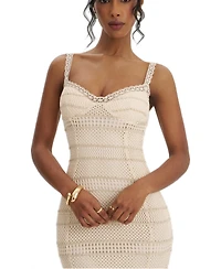 Miss Circle Women's Xiomara Beige and Gold Stripe Crochet Knit Mermaid Midi Dress