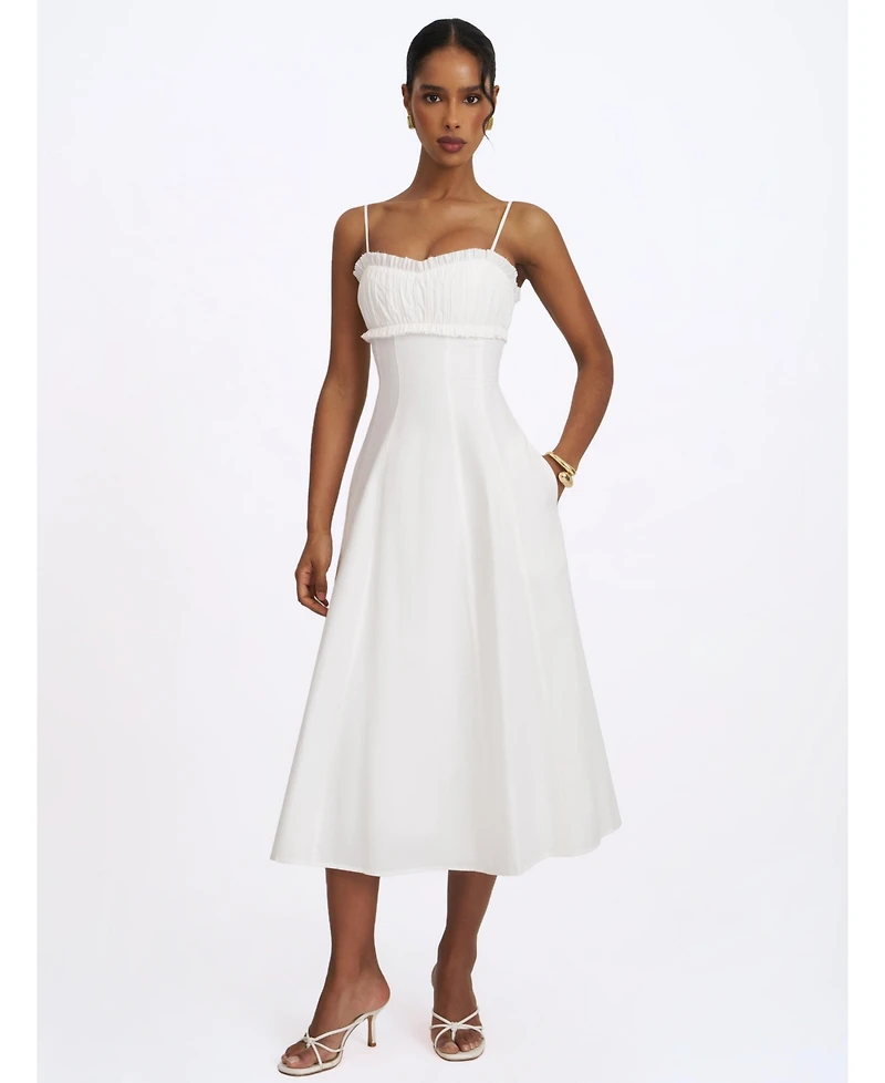 Miss Circle Women's Vicenta White Cotton Poplin Ruched Midi Dress