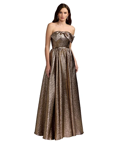 Mac Duggal Petite Strapless Bow Neck Metallic Ball Gown