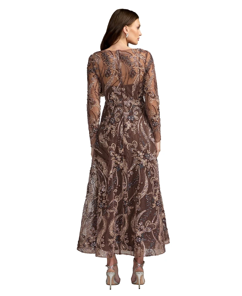 Mac Duggal Petite Floral Embroidered V-Neck Long Sleeve Midi Dress