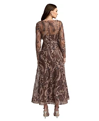 Mac Duggal Petite Floral Embroidered V-Neck Long Sleeve Midi Dress