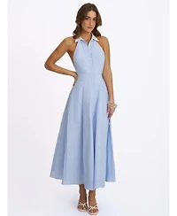 Miss Circle Women's Winslet Sky Blue Striped Cotton Poplin Halter Maxi Dress