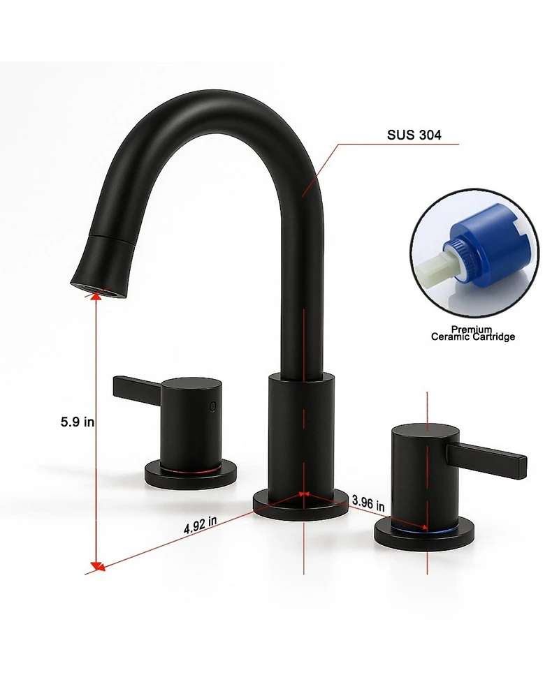 Phying 8 Inch Widespread Bathroom Faucet 2 Handle 3 Hole Vanity Sink Tap with 360 Degree Rotatable Pull-Down Sprayer Modern Bathroom Faucet