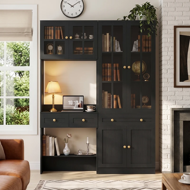 Aheaplus Farmhouse Cabinet with Glass Hutch and Writing Desk for Living Room