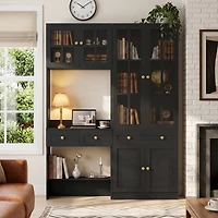 Aheaplus Farmhouse Cabinet with Glass Hutch and Writing Desk for Living Room