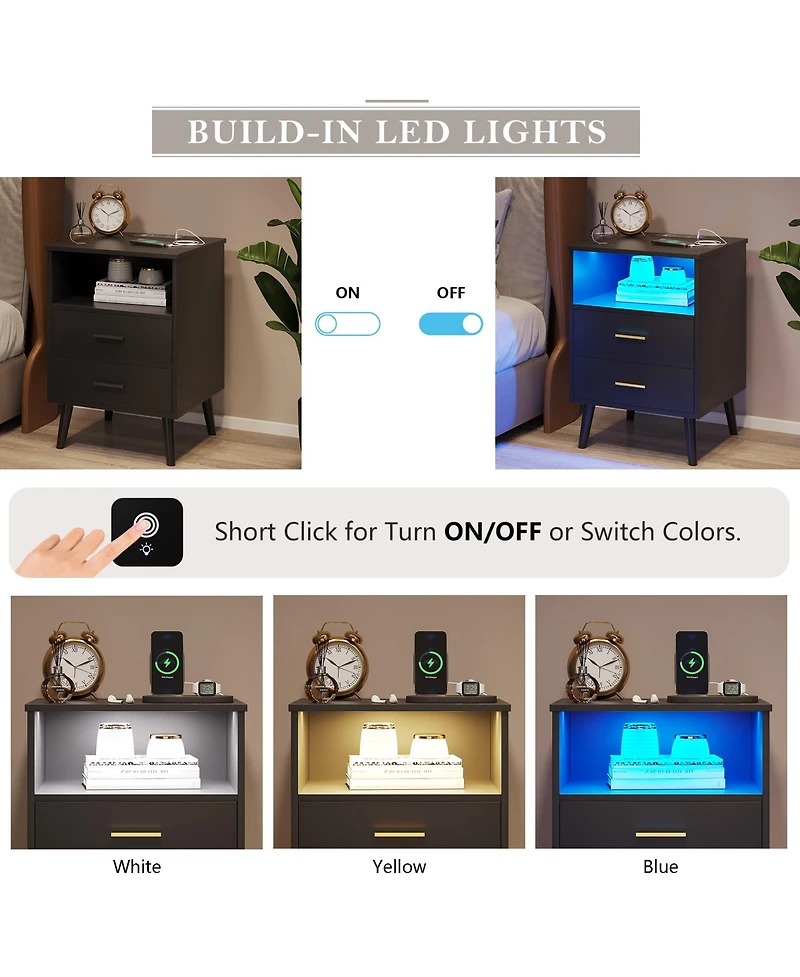 Vlsrka 17.7" W Smart Led Nightstand with 2 Drawers