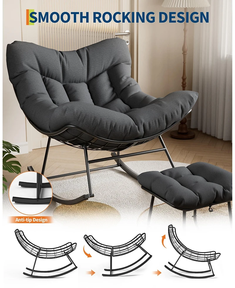 homfan Oversized Patio Papasan Egg Rocking Chair Set with Ottoman - Heavy-Duty Uv-Resistant Pe Wicker and Sturdy Metal Frame
