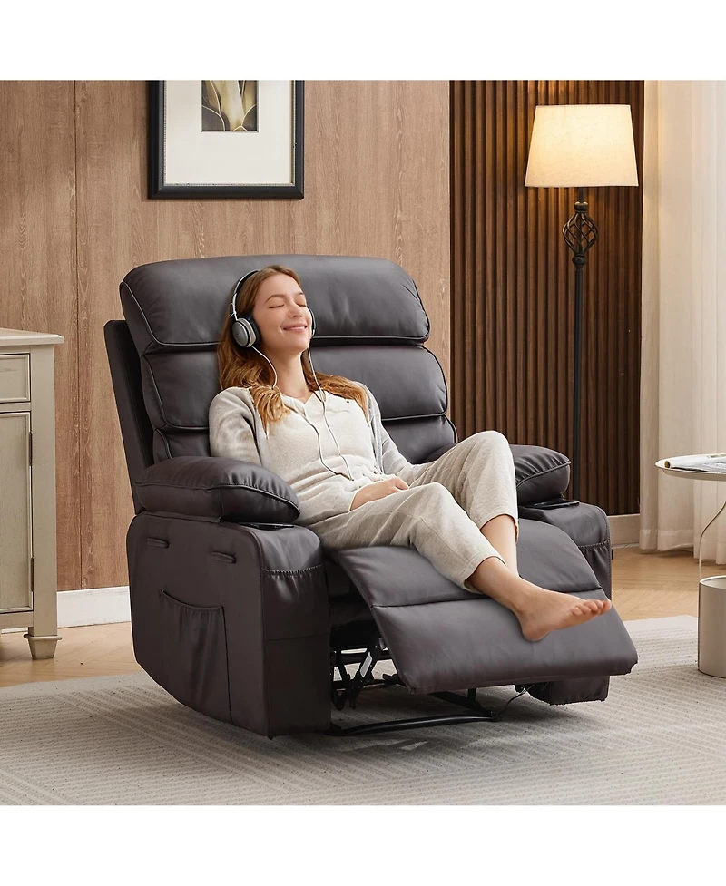 homfan Wide Linen Fabric Recliner Chair, 360 degree Swivel Rocking Chair with Heating and Massage Function, Side Pocket Design for Home Relaxation