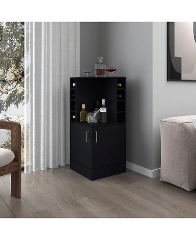 Fm Furniture Toyei Corner Bar Cabinet with Bottle Rack, Open Shelves, and Hidden Storage