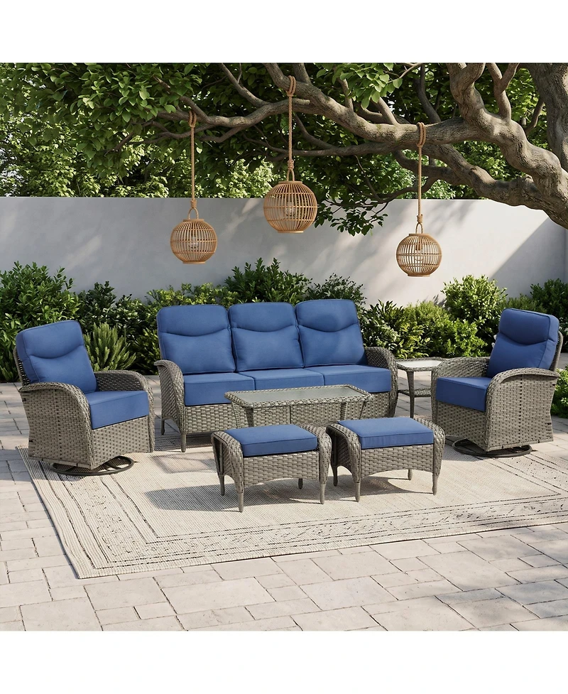 Pocassy 7-Pieces Patio Furniture Set Wicker Conversation Rocking Bistro with Sofa, Coffee Table, Tempered Glass Side Table and 2 Ottoman