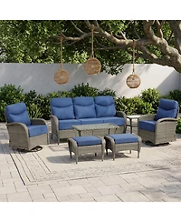Pocassy 7-Pieces Patio Furniture Set Wicker Conversation Rocking Bistro with Sofa, Coffee Table, Tempered Glass Side Table and 2 Ottoman