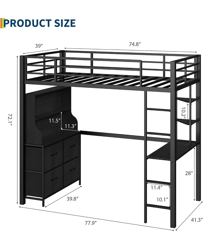 gaomon Twin Loft Bed with Desk, 4 Large Fabric Drawers and Open Shelves, Heavy Duty Metal Led Lights, Power Outlets