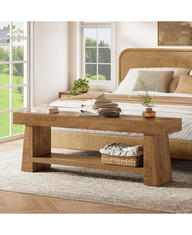 Tribesigns Wooden Entryway Bench with Shoe Storage: 63" 2-tier farmhouse bench with open shelves. Seating for hallway, foyer, end of bed