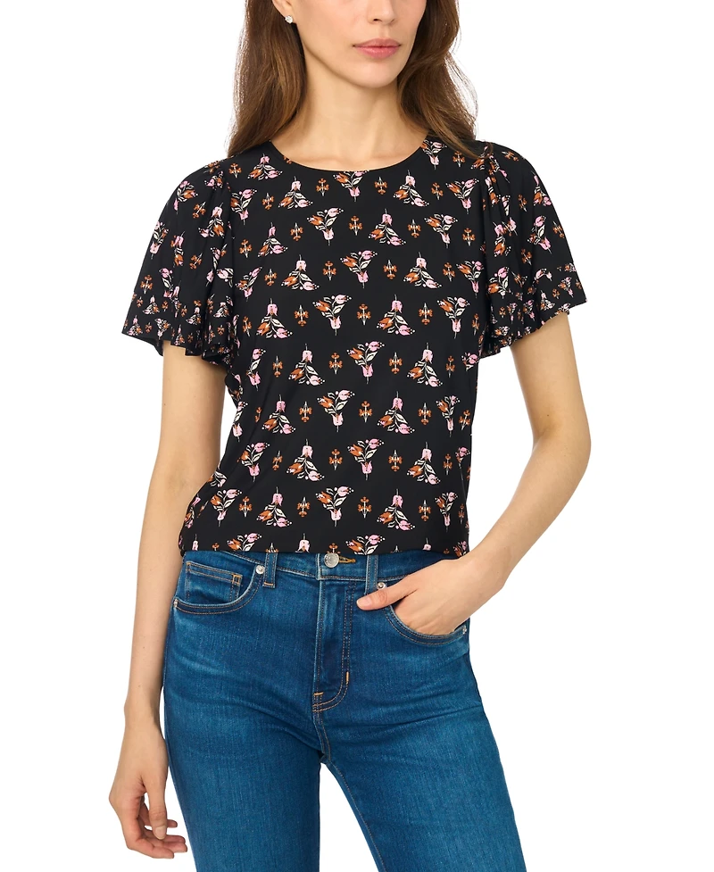 CeCe Women's Shirred Short-Sleeve Crew Neck Blouse