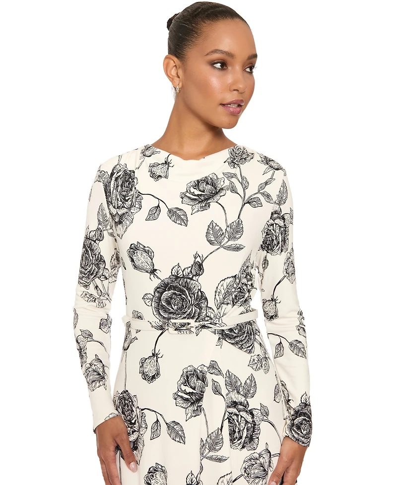 London Times Women's Floral-Print Long-Sleeve Cowl Neck Midi Dress
