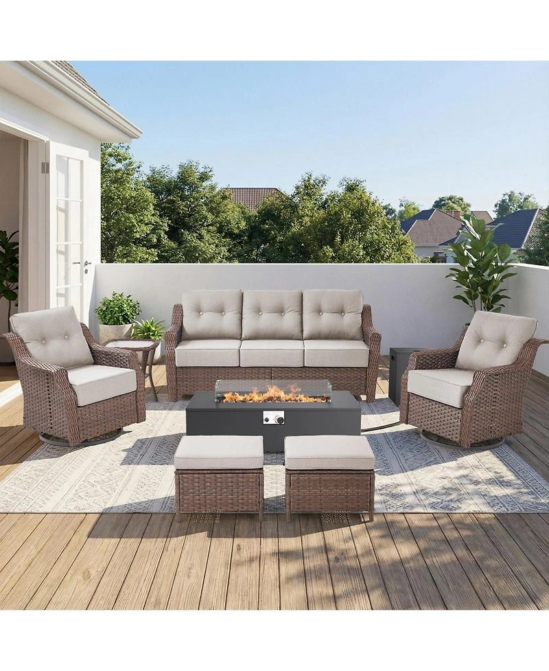 Pocassy Outdoor Furniture With 6-Inch Extra Thick Cushions, Patio Set Fire Pit Table and Swivel Chairs, 8Piece Wicker Conversation