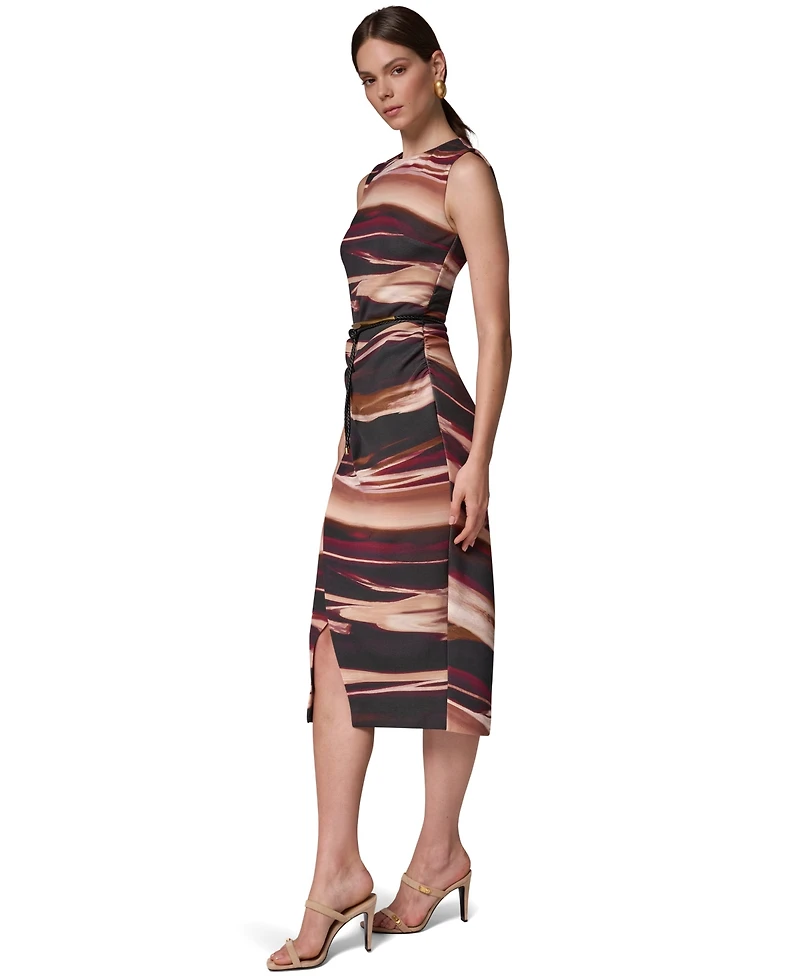 Sleeveless Printed Midi Sheath Dress with Belt