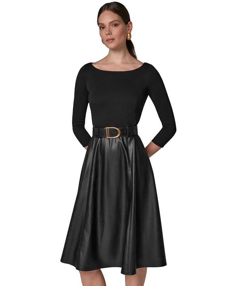 Donna Karan New York Women's Boat Neck Mixed Media Belted Fit & Flare Dress