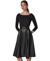 Donna Karan New York Women's Boat Neck Mixed Media Belted Fit & Flare Dress