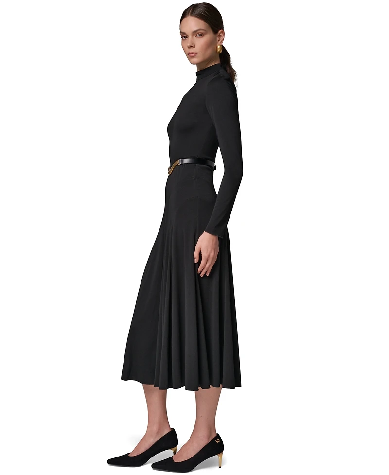 Donna Karan New York Women's Long Sleeve Mock Neck Pleated Maxi Dress with Belt