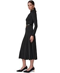 Donna Karan New York Women's Long Sleeve Mock Neck Pleated Maxi Dress with Belt