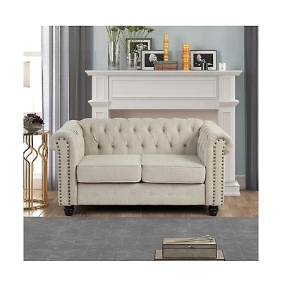 Morden Fort Linen Chesterfield 2 Seater Couch Loveseat for Living Room Rolled Arm Sofa with Button Tufted and Nailhead Trim