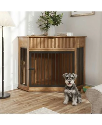 6thdruple 44.6 Corner Dog Crate With Fluted Drawer For Small Or Medium Dogs Decorative Dog Kennel End Table