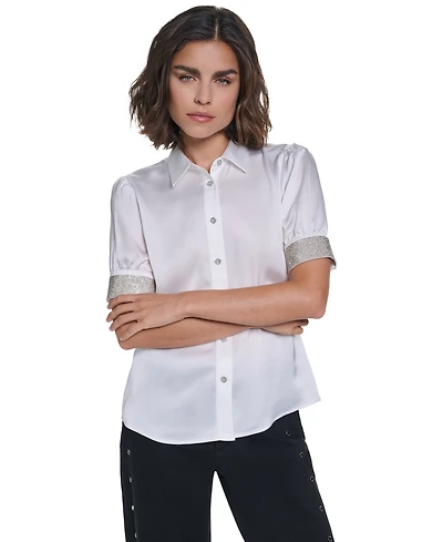 Karl Lagerfeld Paris Women's Satin Rhinestone-Cuff Button-Front Top