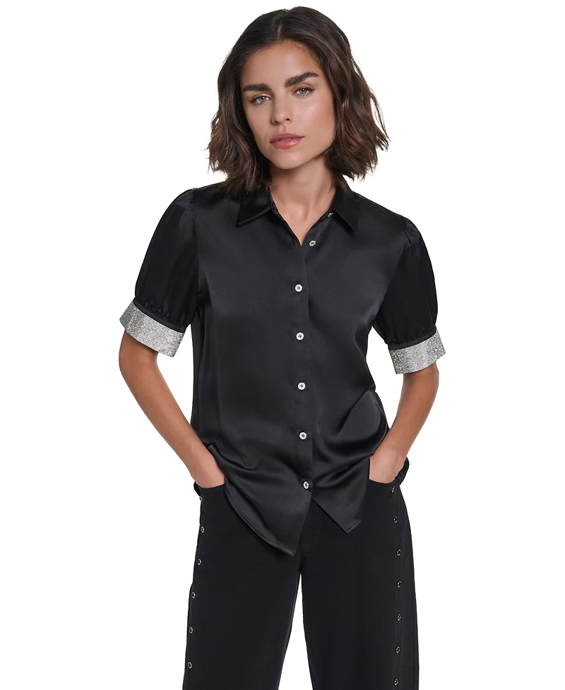 Karl Lagerfeld Paris Women's Satin Rhinestone-Cuff Button-Front Top